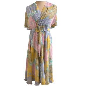 Cachel 80s Sheer Pastel Floral VTG Flutter Sleeve Flouncy Dress Size 12